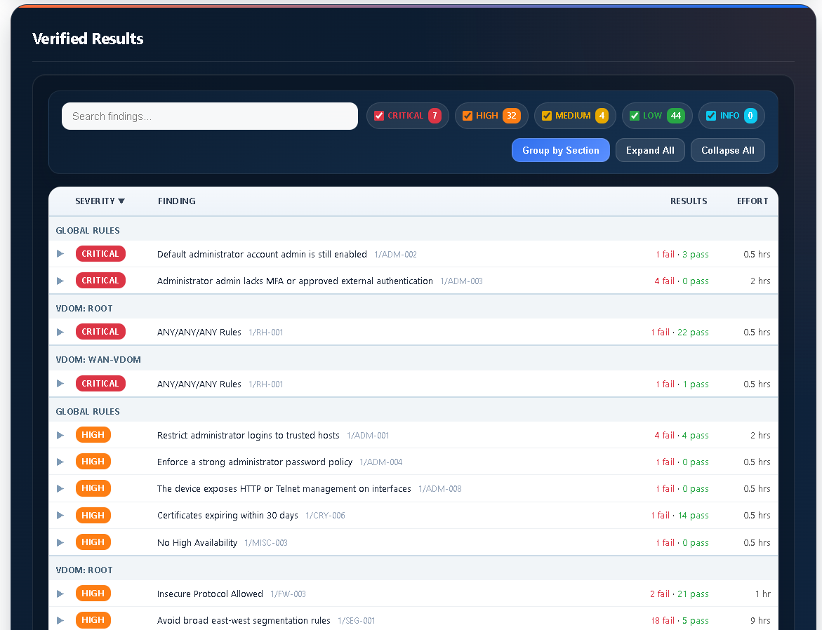 ConfigSentry sample report screenshot: 06 Engineer Preview Verified Findings Table.