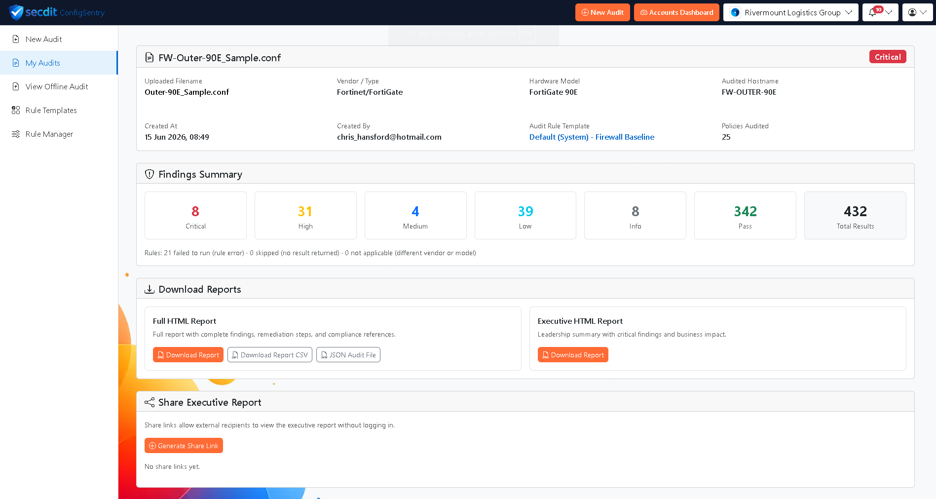 Screenshot from the ConfigSentry audit results page.
